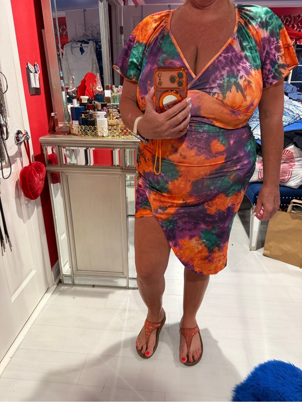 Tie-Dye Wrap V-Neck Short Dress in Orange, Purple & Green